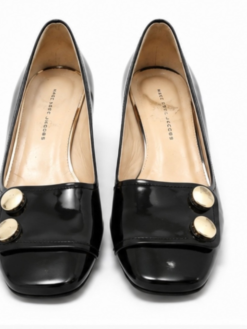 Marc Jacobs Black Patent Leather Pumps 7.5 US Square Toe Gold Chunky Block Heel - Picture 6 of 7